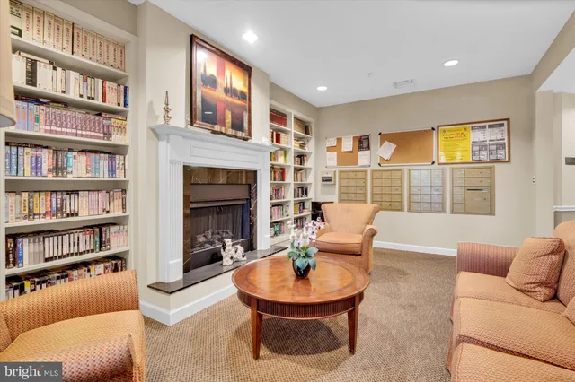 a living room with furniture a bookshelf and a fireplace