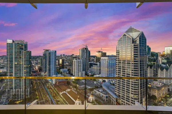 a view of tall buildings