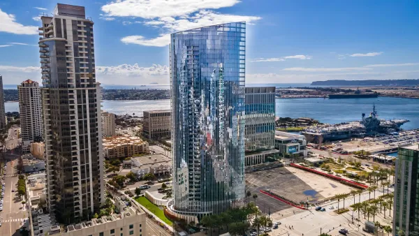 a city view with tall buildings