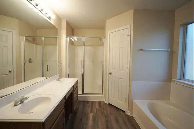 a bathroom with a tub sink vanity and a mirror