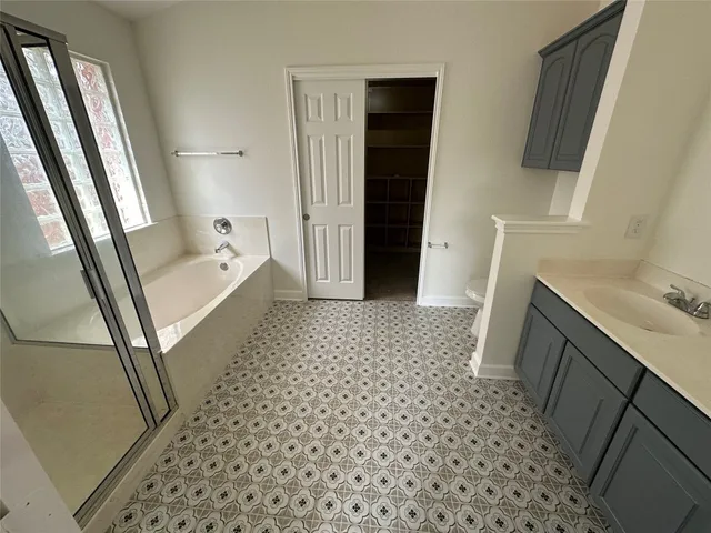 a bathroom with a sink a mirror and a shower