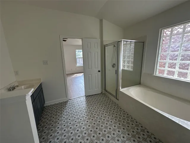 a bathroom with a sink and a shower