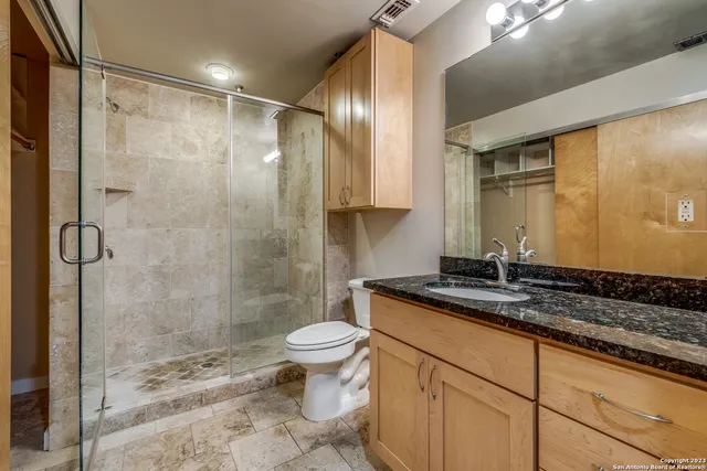 a bathroom with a granite countertop sink toilet and shower