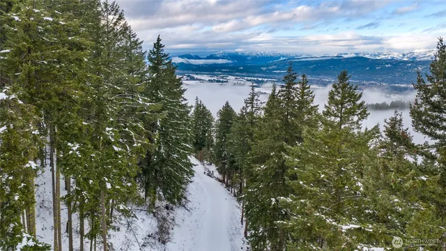 a view of a lake with houses in back
