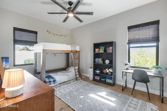 an aerial view of a house with a garden