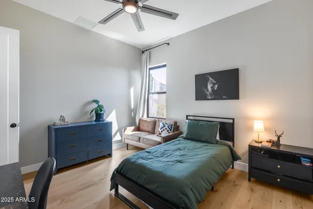 an aerial view of a house with a garden