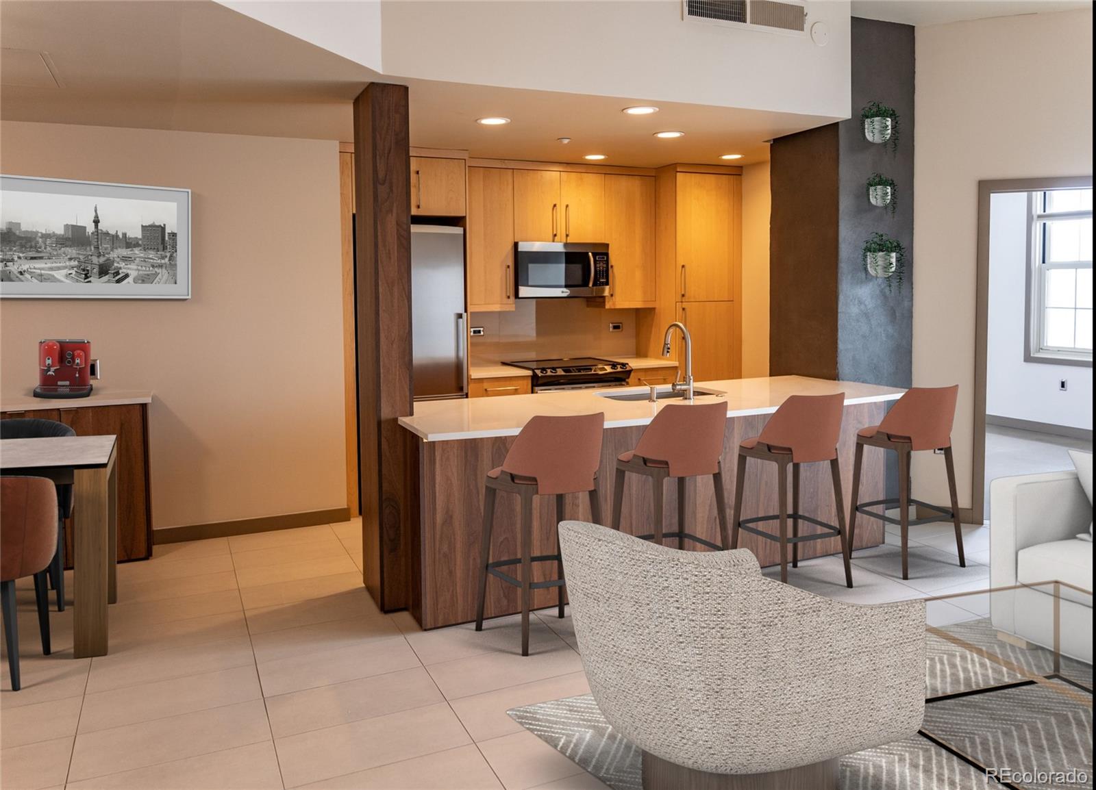 475 West 12th Avenue, Unit 15G Denver, CO 80204 - Photo 2 of 15 a living room with furniture a computer on a table and kitchen view