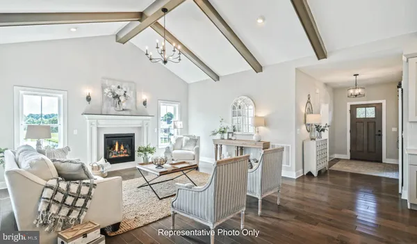 a living room with furniture a fireplace and wooden floor