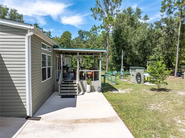a view of a yard with plants and trees