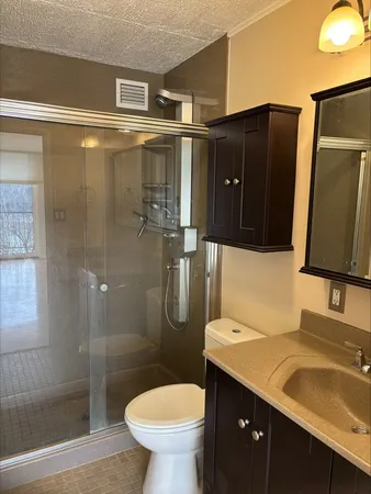 a bathroom with a granite countertop sink toilet and shower