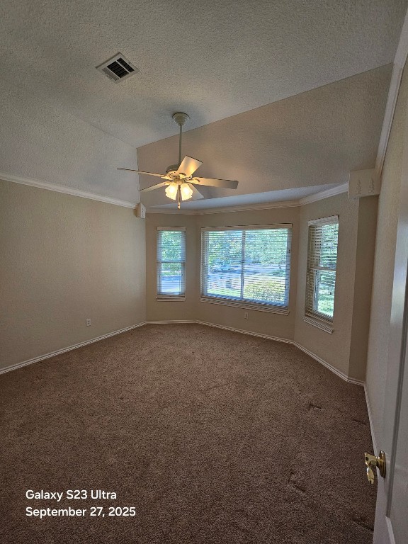 101 Texas Traditions Georgetown, TX 78628 - Photo 16 of 17 Secondary bedroom featuring carpet flooring, a textured ceiling, ornamental molding, and ceiling fan