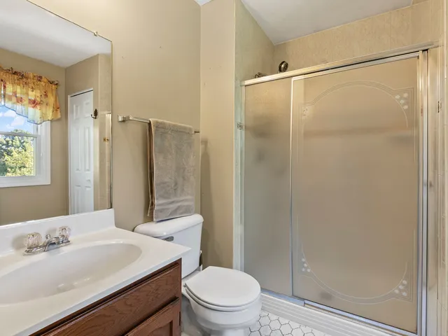 a bathroom with a sink a mirror a toilet and shower