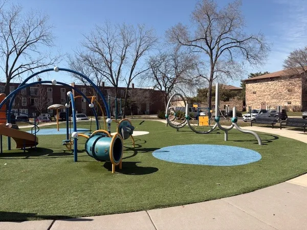 a view of a park with slide