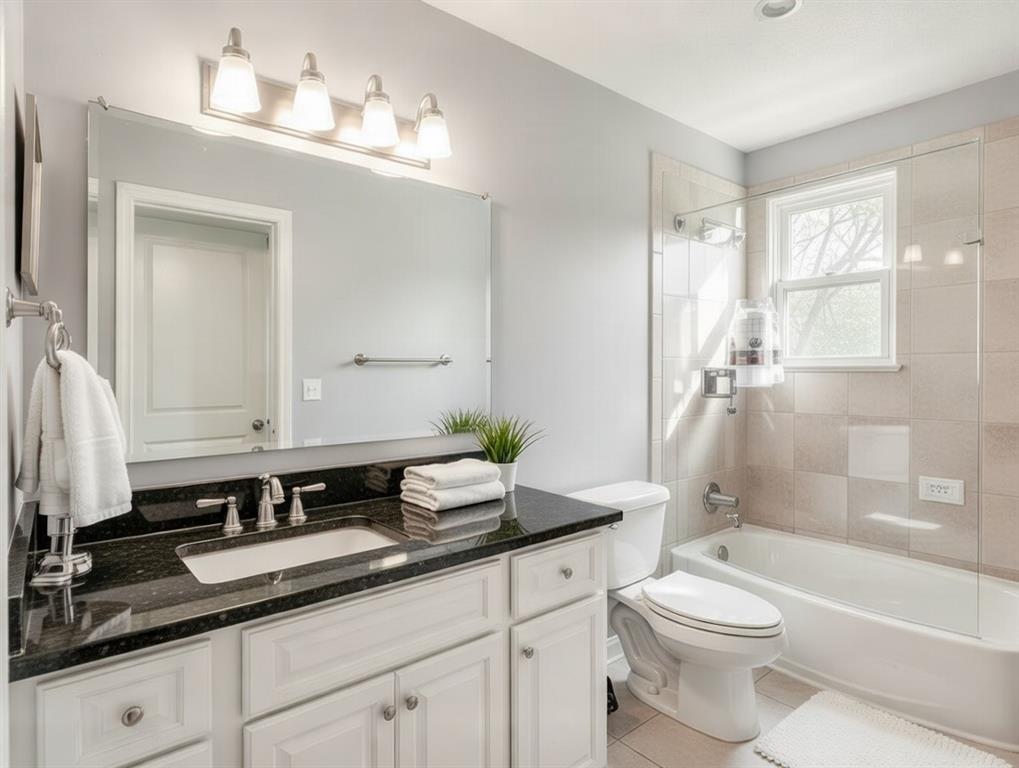 3712 Cemetery Hill Road Carrollton, TX 75007 - Photo 18 of 25 a bathroom with a granite countertop sink toilet a large mirror a bathtub and shower
