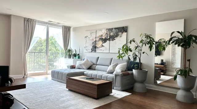 a living room with furniture and a potted plant