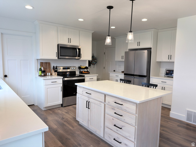 3607 South Parkinson Road South Franklin, ID 83237 - Photo 6 of 24 Kitchen featuring stainless steel appliances, a kitchen island, dark wood-style floors, and white cabinetry
