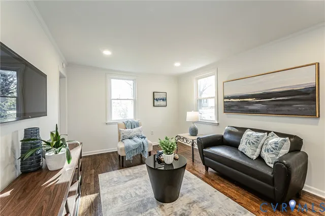a living room with furniture and a potted plant