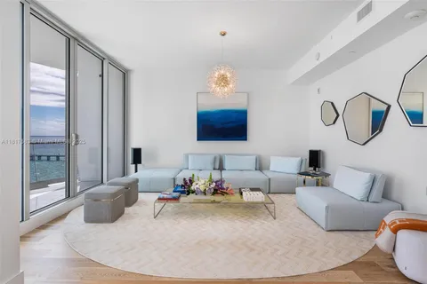 a living room with furniture and outdoor view