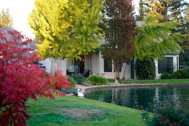 a view of backyard with outdoor seating and green space