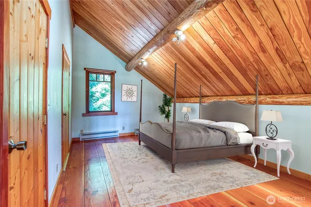 a bedroom with a bed and a table