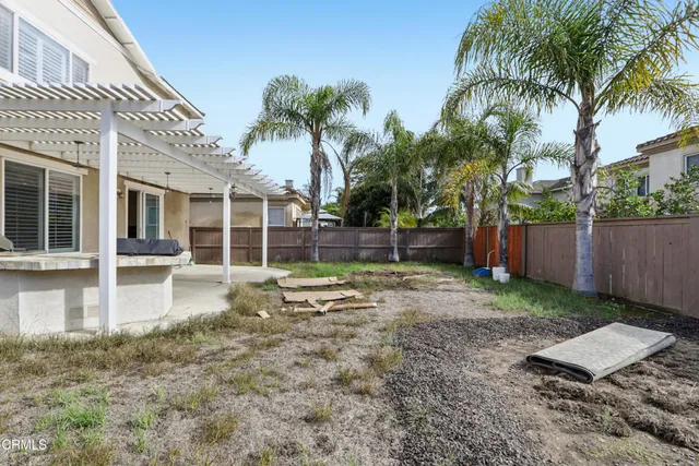 a view of a backyard with a garden and palm trees