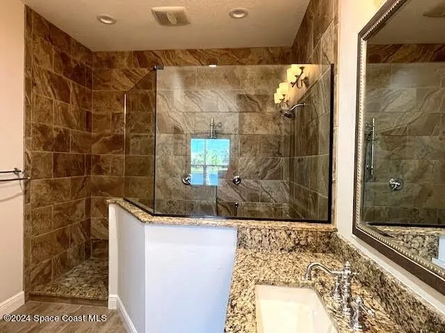 a bathroom with a granite countertop shower and a sink