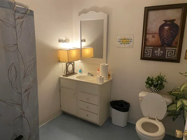 a bathroom with a toilet a sink and mirror