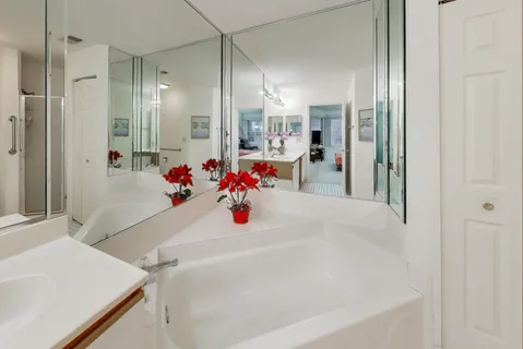a bathroom with a tub sink mirror and shower