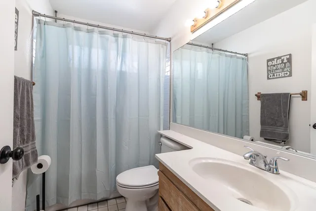 a bathroom with a sink a toilet and shower curtain