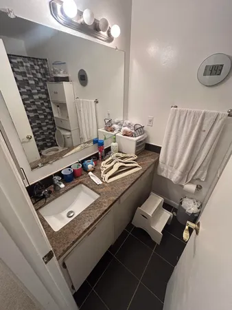 a bathroom with a sink mirror and toilet