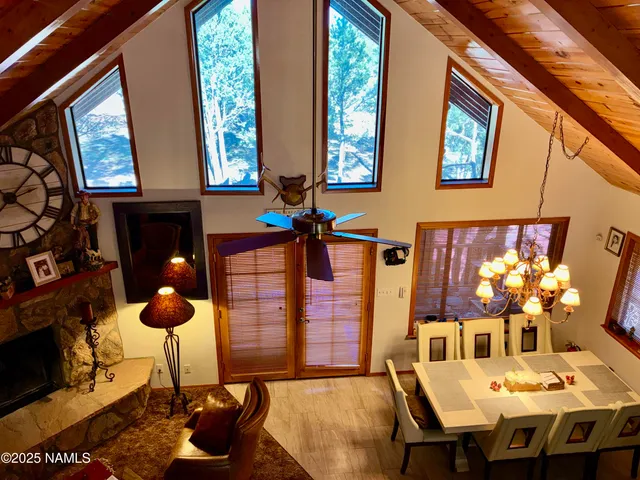 a view of a backyard with large trees and plants