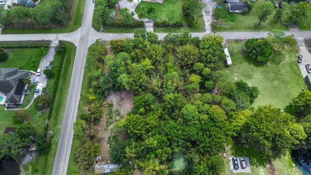 an aerial view of residential houses with outdoor space and trees