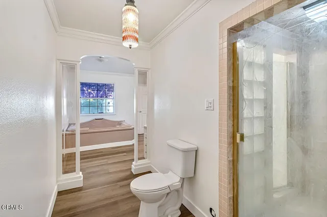 a bathroom with a toilet and a shower