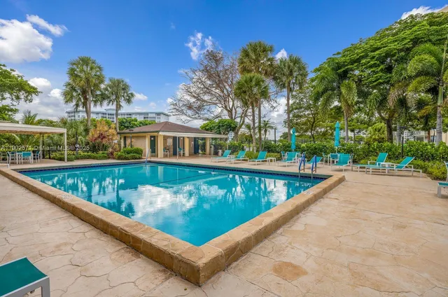 a view of a swimming pool with a yard