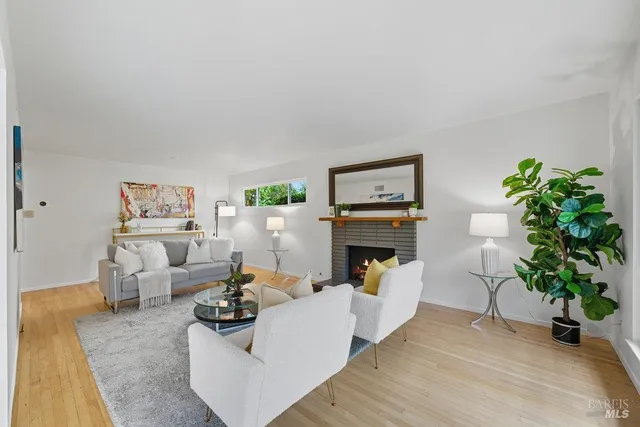 a living room with furniture a fireplace and potted plants