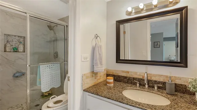a bathroom with a granite countertop sink vanity mirror and shower