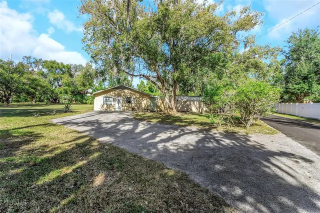 a view of a yard with large trees