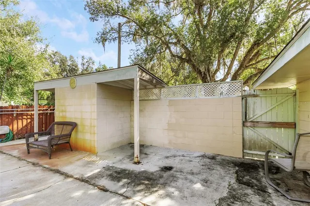 front view of a house with a patio