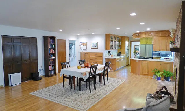 a view of a dining room with furniture