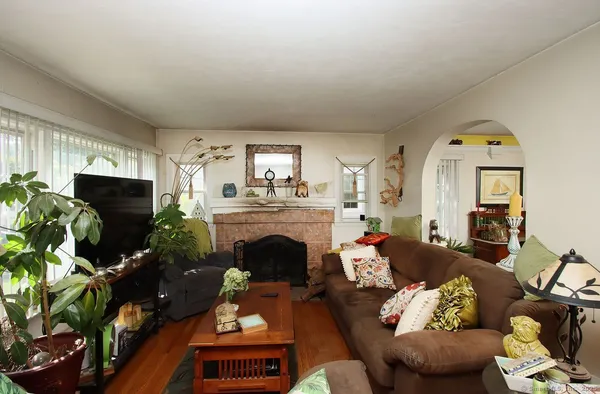 a living room with furniture a fireplace and a potted plant
