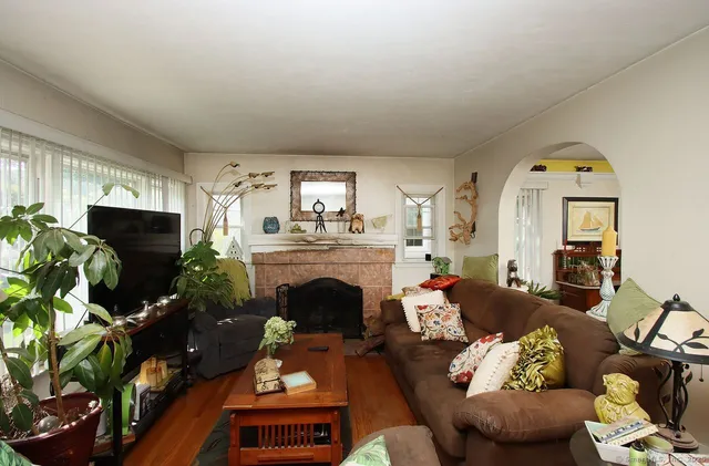 a living room with furniture a fireplace and a potted plant