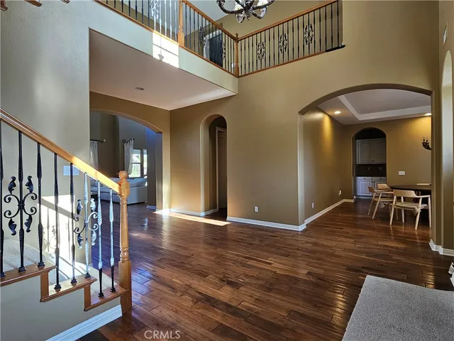 a view of dining room with wooden floor