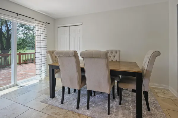 a view of a dining room with furniture window and outside view