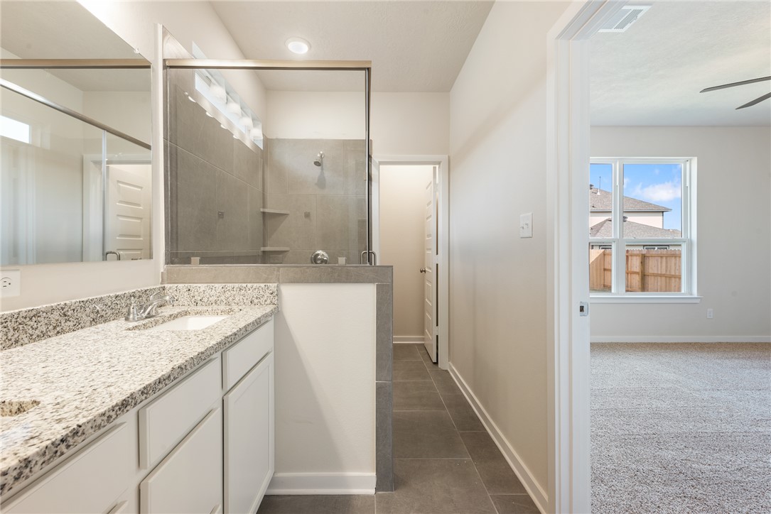 15238 Still Water Mdw Loop Bryan, TX 77845 - Photo 31 of 50 a bathroom with a granite countertop sink a mirror and a shower