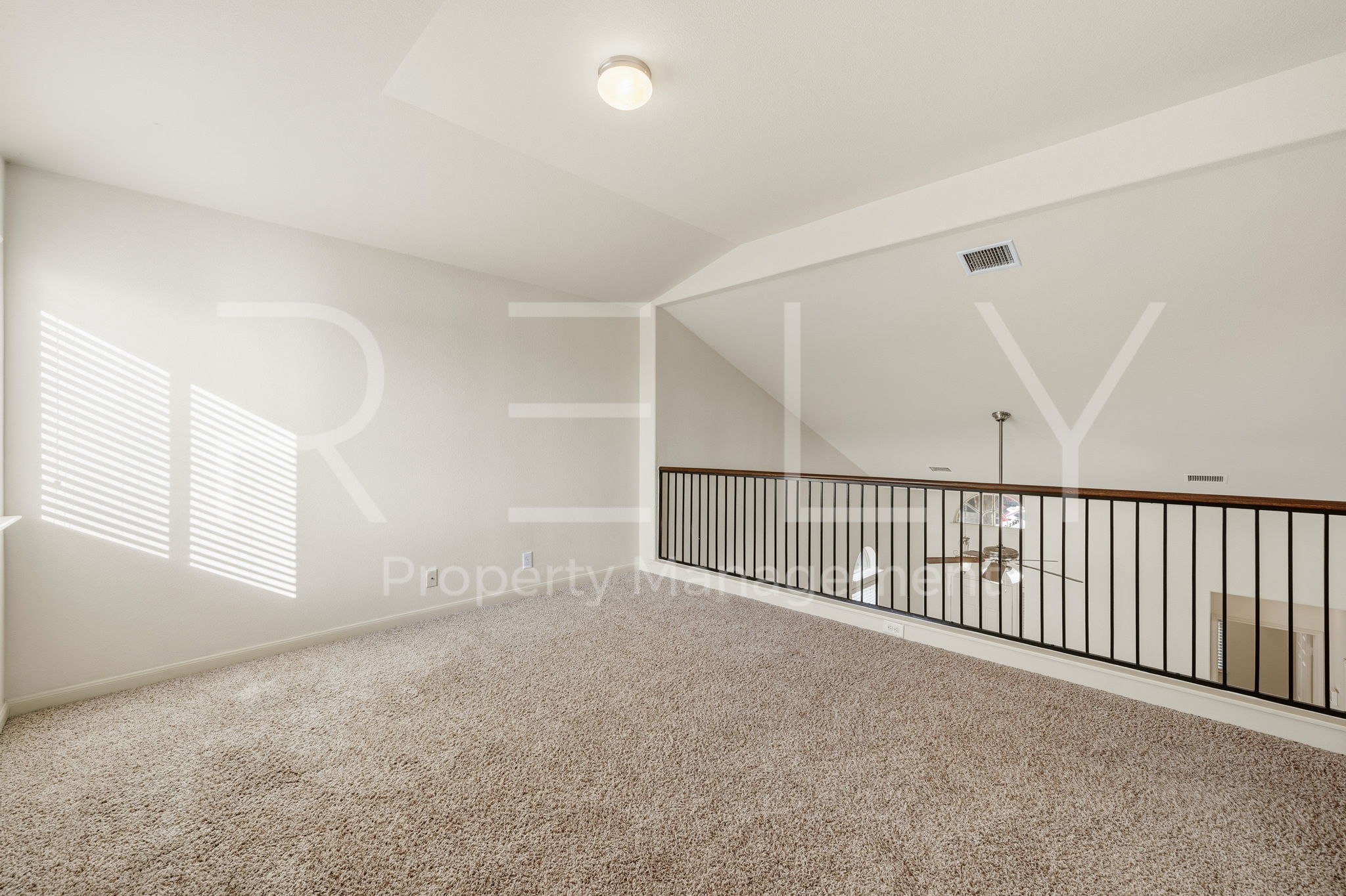 1405 Sunny Meadows Loop Georgetown, TX 78626 - Photo 26 of 40 A well-lit loft space featuring plush carpeting and a sturdy metal railing overlooking the lower level.