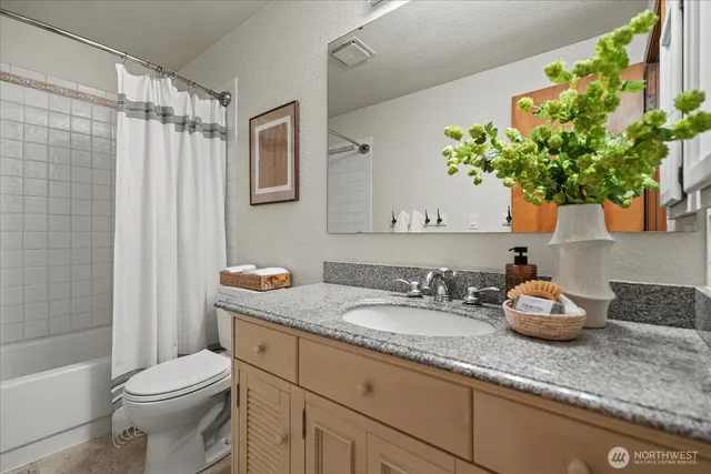 a bathroom with a granite countertop sink a toilet and shower
