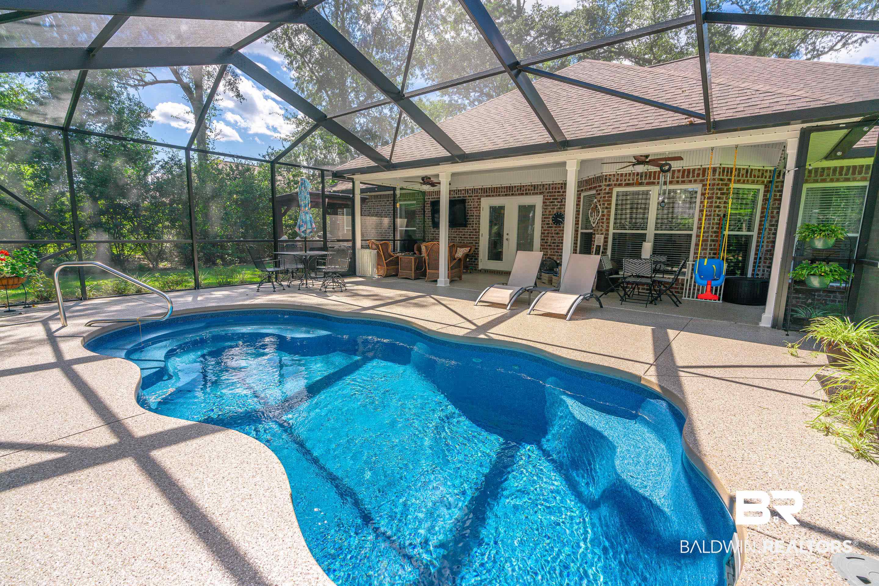302 Bristol Way Foley, AL 36535 - Photo 28 of 51 View of swimming pool featuring a patio, ceiling fan, and a lanai