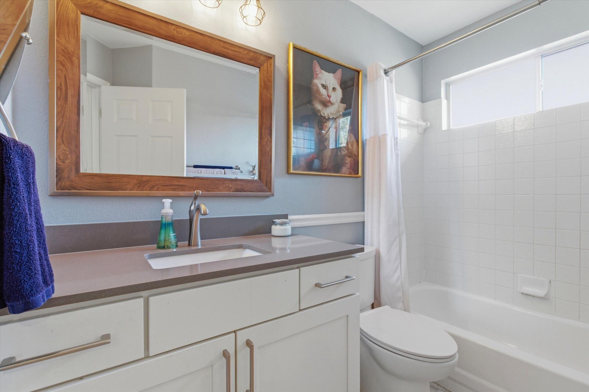 8920 West Hove Loop Austin, TX 78749 - Photo 19 of 39 Bathroom featuring a single vanity with a rectangular undermount sink, a gray countertop, and white cabinetry with brushed nickel hardware