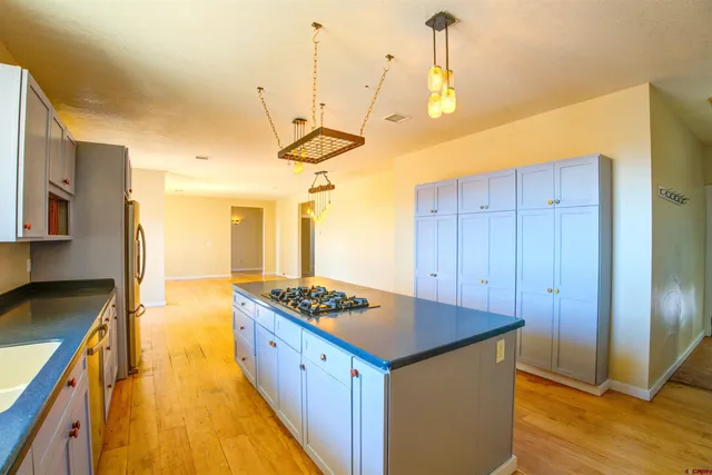 a spacious bathroom with stainless steel appliances granite countertop a sink a stove and a wooden floors