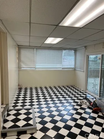 a view of a black and white checkered floor